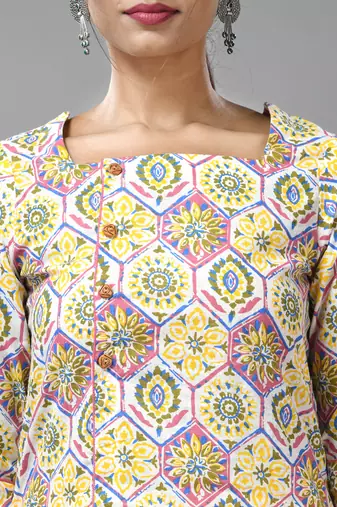 White & yellow cotton floral printed kurta
