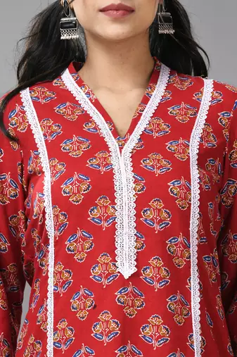 Red cotton floral printed kurta with lace