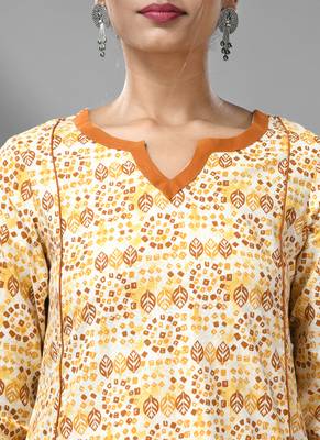 White & mustard yellow cotton kurta with ethnic prints 5