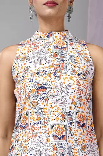 White cotton halter neck tribal printed kurta