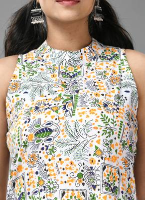 White cotton halter neck tribal printed kurta 5