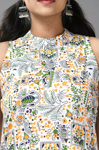 White cotton halter neck tribal printed kurta