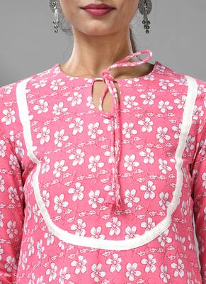 Pink & white cotton floral printed kurta 5