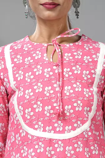 Pink & white cotton floral printed kurta