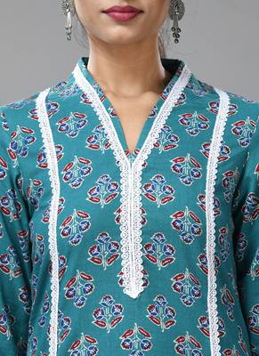 Sea green cotton floral printed kurta with lace 5