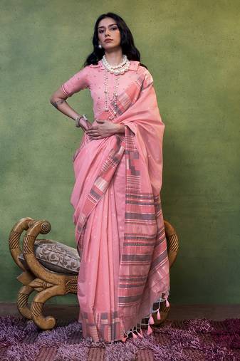 Rose Pink Colour Cotton Handloom Lightwear Saree For Women