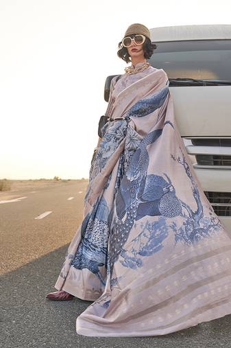 Slate Grey Color Printed Tussar Silk Designer Saree Online