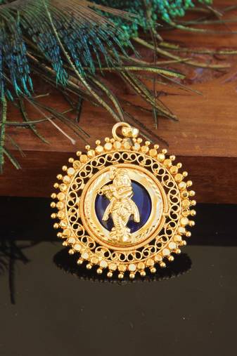 Kerala style gold plated palakka krishna pendant
