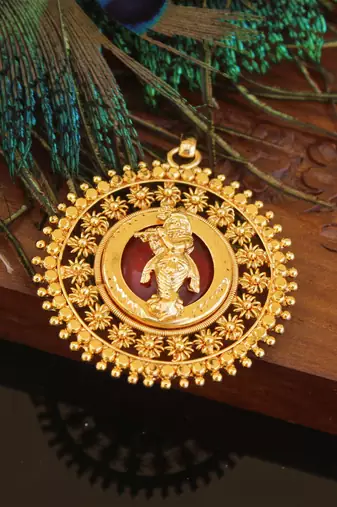Kerala style gold plated palakka krishna pendant