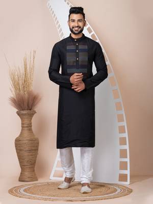 Black Solid Viscose Kurta Set For Men 1