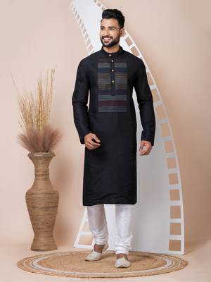 Black Solid Viscose Kurta Set For Men 2