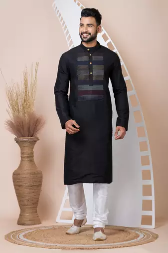 Black Solid Viscose Kurta Set For Men