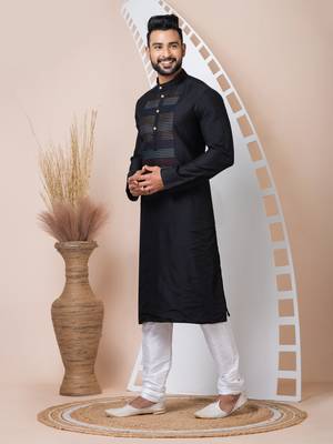 Black Solid Viscose Kurta Set For Men 3