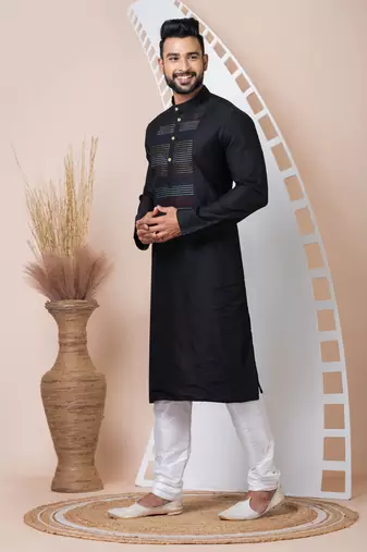 Black Solid Viscose Kurta Set For Men