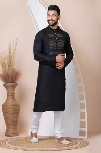 Black Solid Viscose Kurta Set For Men