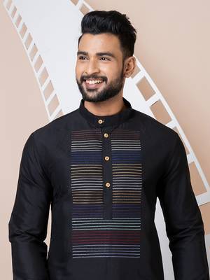 Black Solid Viscose Kurta Set For Men 5