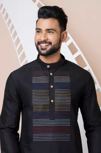 Black Solid Viscose Kurta Set For Men