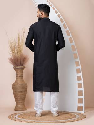 Black Solid Viscose Kurta Set For Men 6