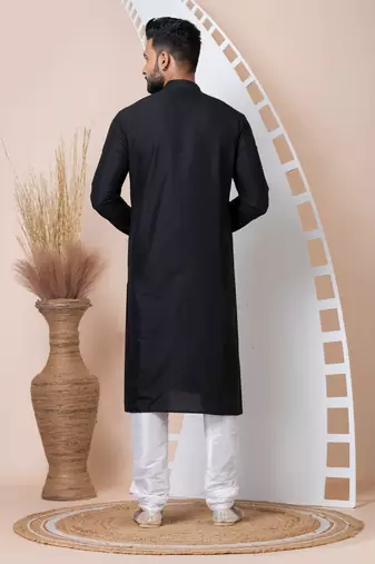 Black Solid Viscose Kurta Set For Men