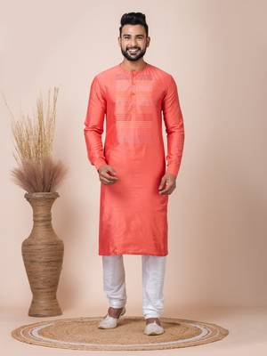 Orange Solid Viscose Kurta Set For Men 1