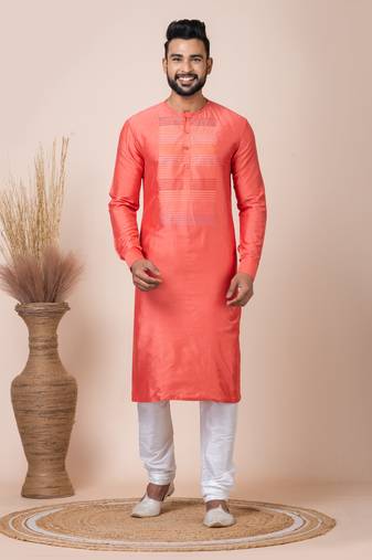Orange Solid Viscose Kurta Set For Men