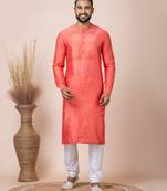 Orange Solid Viscose Kurta Set For Men