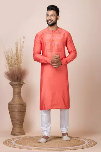 Orange Solid Viscose Kurta Set For Men