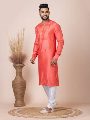 Orange Solid Viscose Kurta Set For Men 3