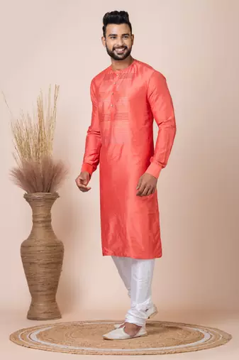 Orange Solid Viscose Kurta Set For Men
