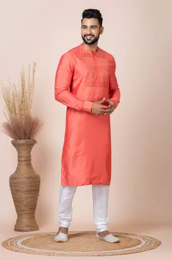 Orange Solid Viscose Kurta Set For Men