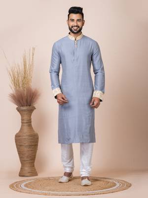 Grey Solid Viscose Kurta Set For Men 1