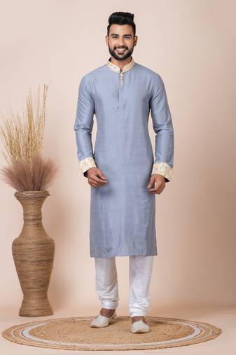 Grey Solid Viscose Kurta Set For Men