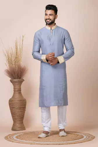 Grey Solid Viscose Kurta Set For Men