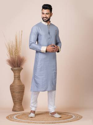 Grey Solid Viscose Kurta Set For Men 4