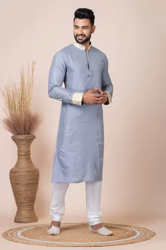 Grey Solid Viscose Kurta Set For Men