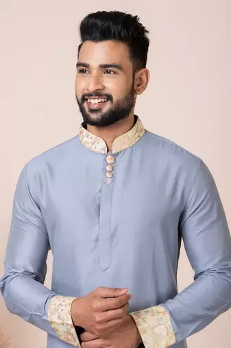 Grey Solid Viscose Kurta Set For Men