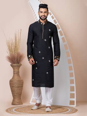 Black Solid Viscose Kurta Set For Men 1