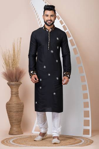 Black Solid Viscose Kurta Set For Men