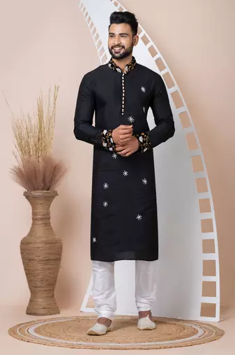 Black Solid Viscose Kurta Set For Men
