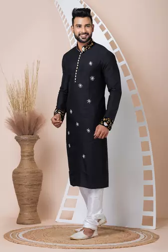 Black Solid Viscose Kurta Set For Men