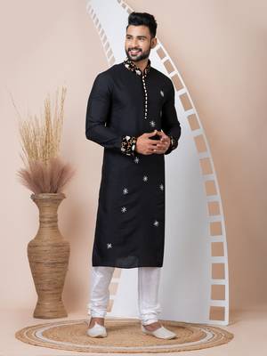 Black Solid Viscose Kurta Set For Men 4