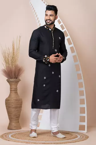 Black Solid Viscose Kurta Set For Men