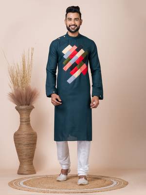 Green Solid Cotton Kurta Set For Men 1