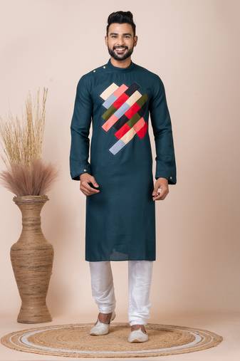 Green Solid Cotton Kurta Set For Men