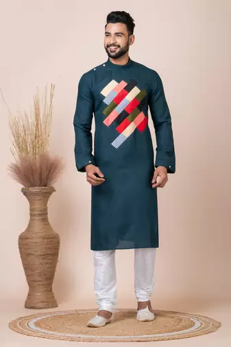 Green Solid Cotton Kurta Set For Men