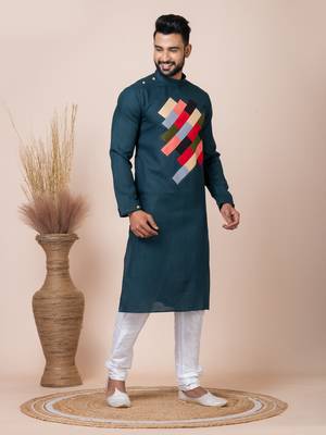 Green Solid Cotton Kurta Set For Men 4