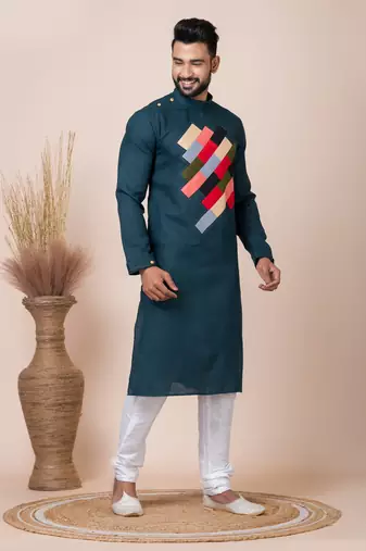 Green Solid Cotton Kurta Set For Men