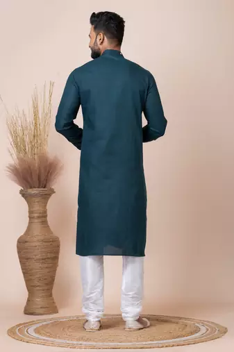 Green Solid Cotton Kurta Set For Men