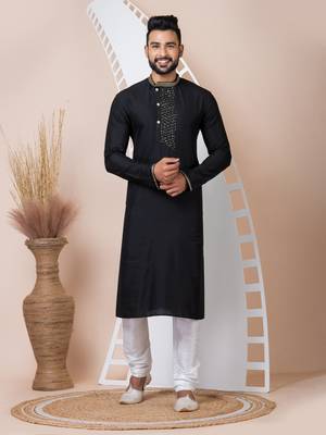 Black Solid Viscose Kurta Set For Men 1