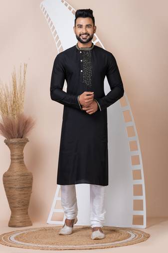 Black Solid Viscose Kurta Set For Men